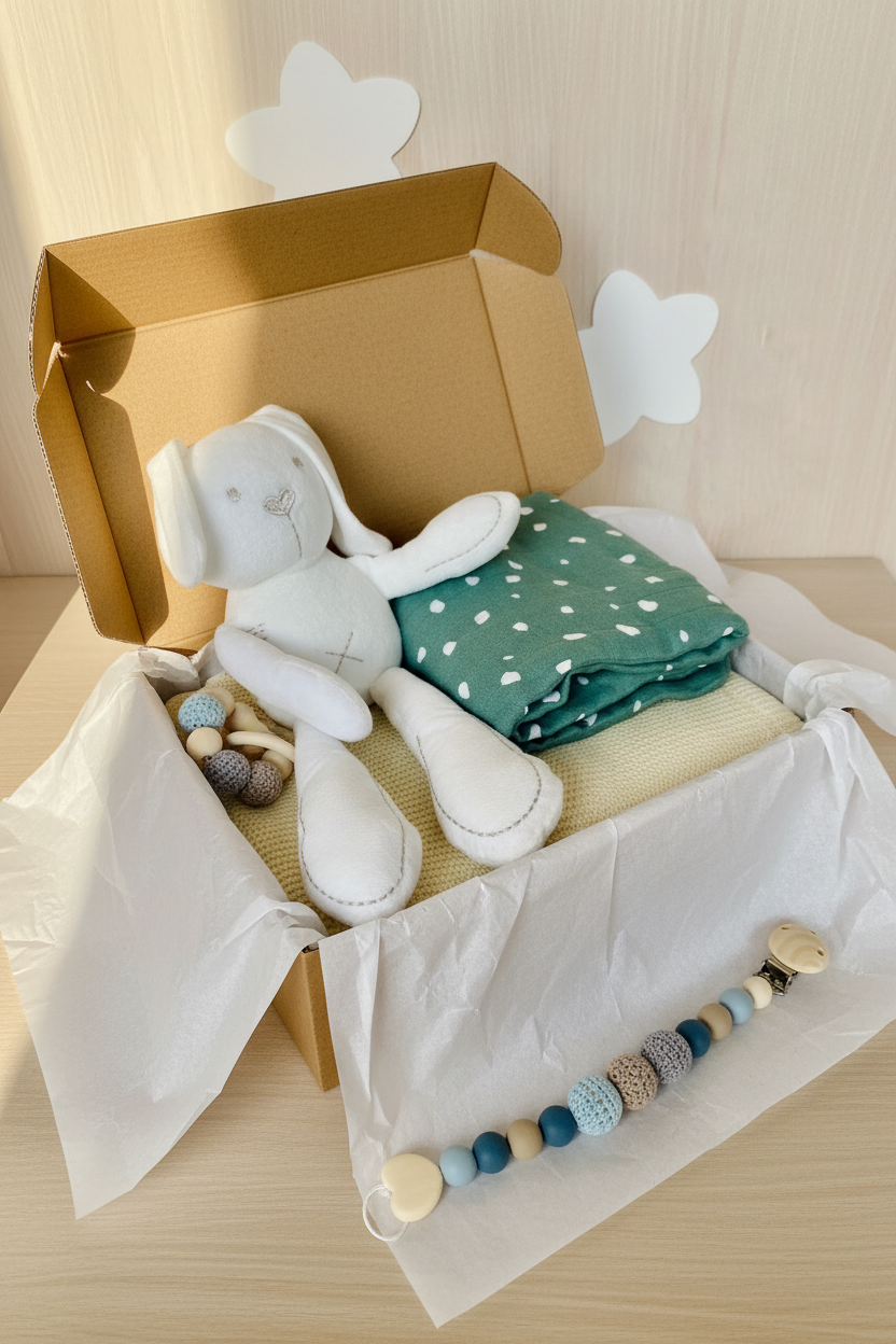 Set regalo bebé en caja kraft con papel de seda